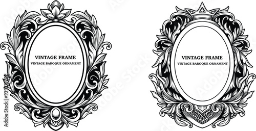 Antique frames and border with floral ornament. Vintage victorian baroque decorative element engraving vector design illustration. Monochrome classic frame with flourish, filigree, swirl ornamental