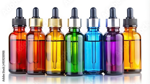 Vibrant, assorted essential oil bottles with colorful labels and droppers stand upright on a pure white background, showcasing their natural healing properties. photo