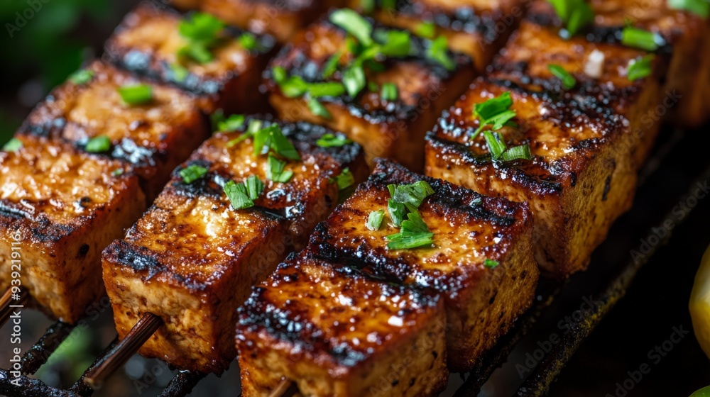 Delicious grilled tofu skewers garnished with fresh herbs, perfect for a healthy and flavorful vegetarian meal. Delicious grilled tofu skewers garnished with fresh herbs, perfect for a healthy and flavorful vegetarian meal.
