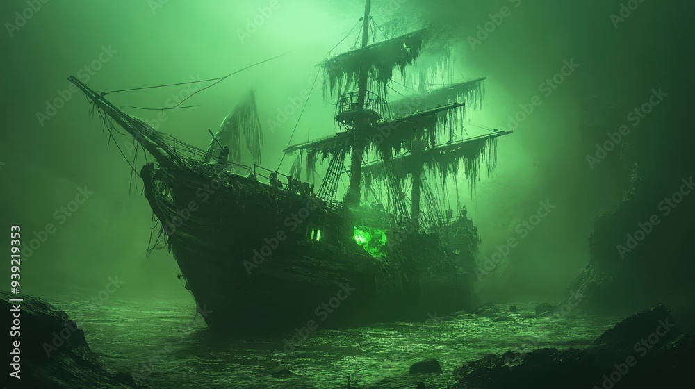 A haunted ship shrouded in green mist, evoking a ghostly atmosphere on the water. A haunted ship shrouded in green mist, evoking a ghostly atmosphere on the water.