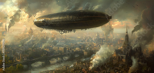 Steampunk inspired dirigible hovering over a massive steam-powered city