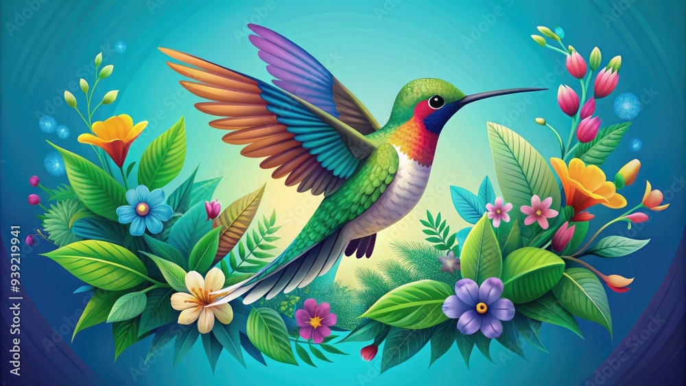 Vibrant, intricately designed vector illustration of a hummingbird in mid-air, surrounded by lush green leaves and colorful flowers, against a bright blue background.