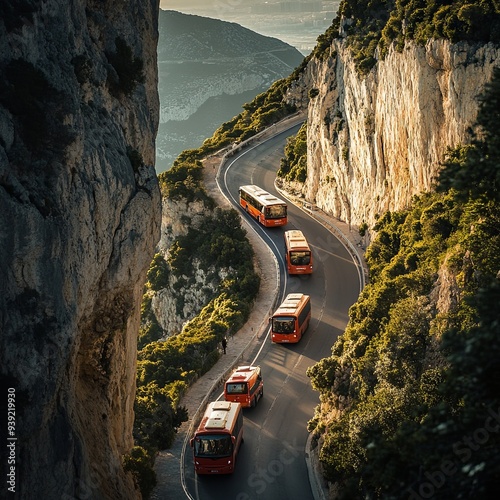 Narrow mountain road with specialy small touristic buses making way for another in Gibraltar. Europa photo