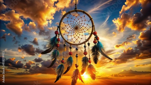 Vibrant, intricately designed traditional Native American dreamcatcher with feathers and beads, suspended against a warm, sunny sky with subtle cloud formations. photo