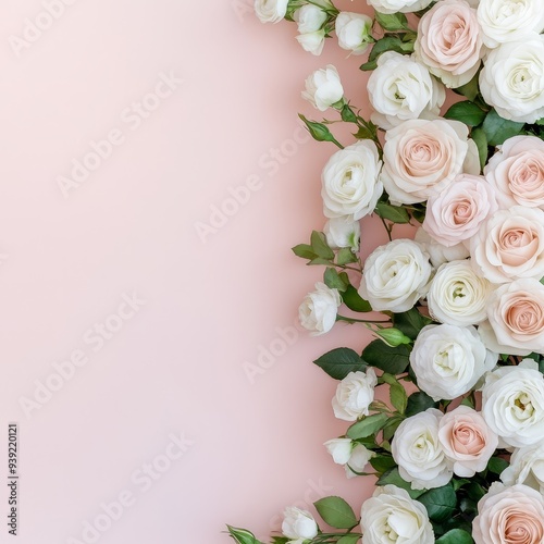 Pink and White Roses Border on a Soft Pink Background