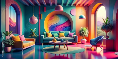 Psychedelic Surrealist Minimal - Vibrant, distorted, simple lines, bold colors, dreamlike photo