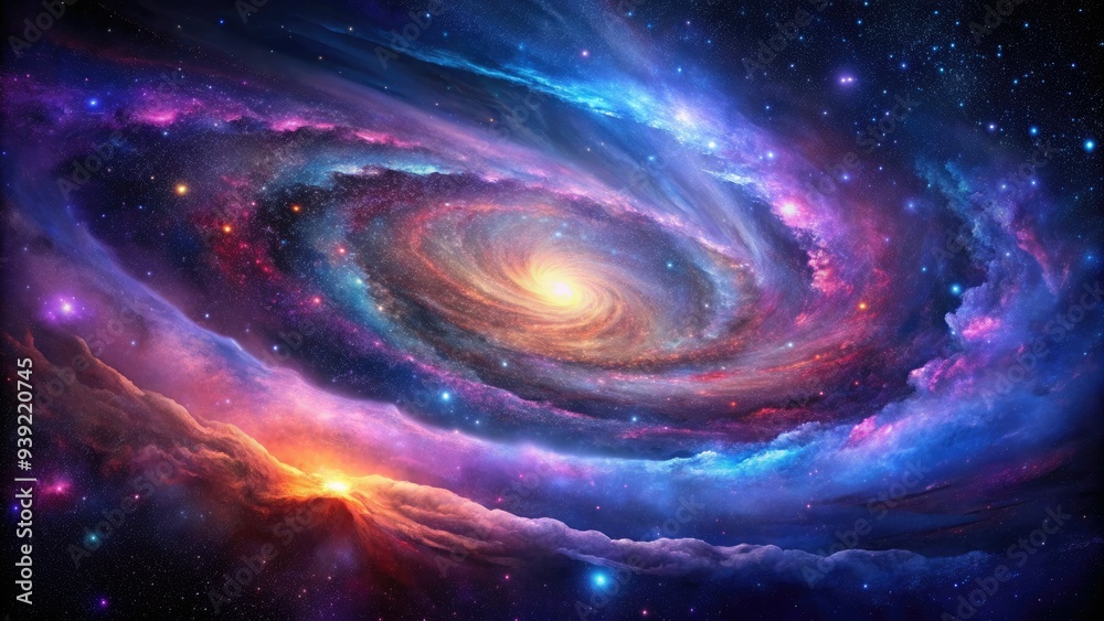 Vibrant, swirling clouds of purple, blue, and pink gas illuminate a stunning galaxy, with shimmering stars and mysterious, darker regions of space. Vibrant, swirling clouds of purple, blue, and pink gas illuminate a stunning galaxy, with shimmering stars and mysterious, darker regions of space.