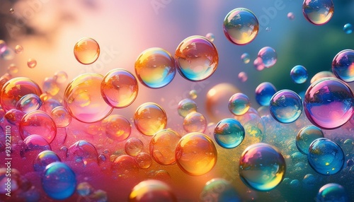 Rainbow bubbles floating on a dreamy background.