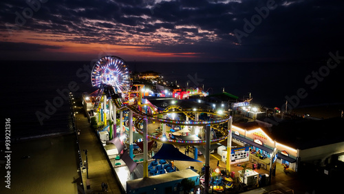 Santa Monica Pier At Los Angeles In California United States. Amusement Park Harbor Scenery. Ferris Wheel Landmark. Santa Monica Pier At Los Angeles In California United States. 