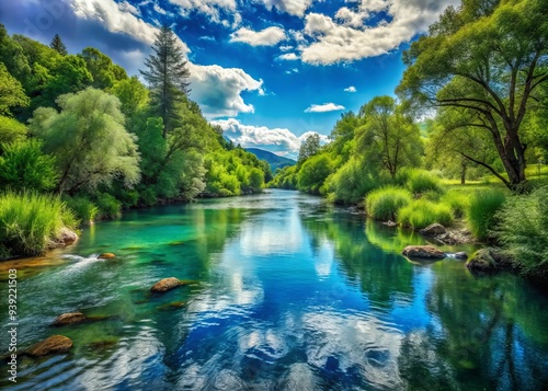Riverine Serenity: Atmospheric, Tranquil, Blues and Greens, Flowing, Calming