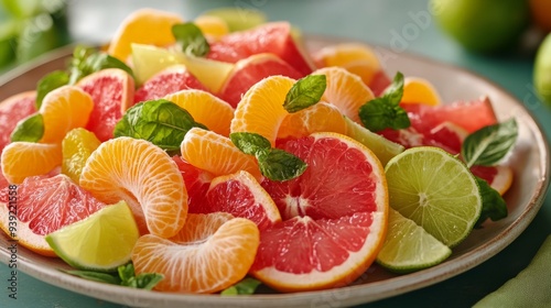 Fresh citrus fruit salad with slices of grapefruit, orange, lime, and mint leaves on a plate, perfect for a healthy and vibrant meal. photo