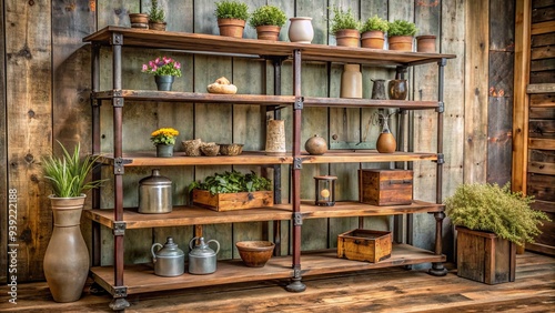 Wallpaper Mural Rustic Antique Display Shelf: Weathered wood, industrial metal accents, vintage patina, farmhouse style, warm tones. Torontodigital.ca