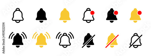 Notification icon status collection. Notification bell icon set. Reminder signal vector illustration. Turn off notice sound pictogram. Ringing bell symbol. Alarm icon for web or app interface
