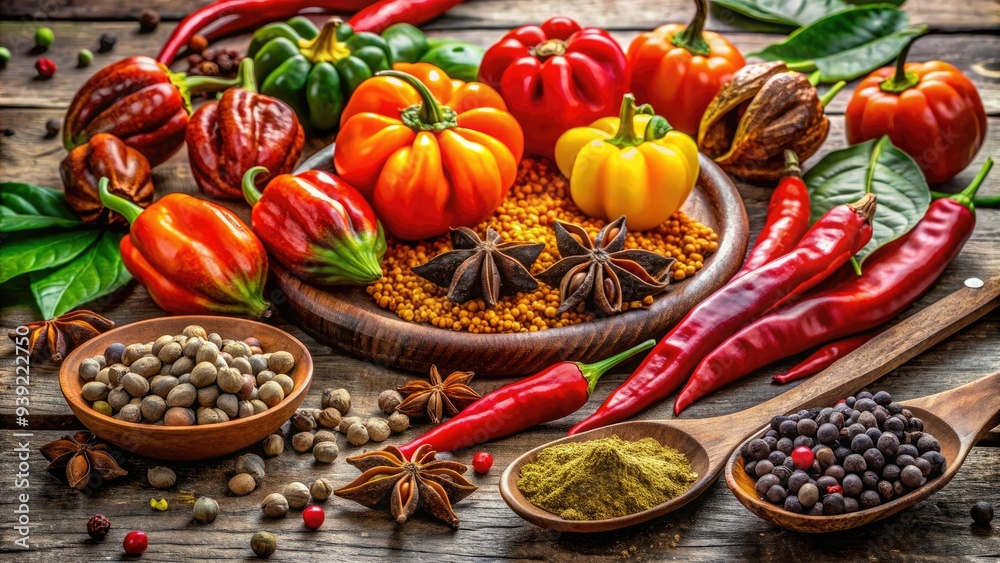 Vibrant arrangement of exotic Jamaican spices, including allspice, thyme, and scotch bonnet peppers, artfully displayed on a rustic wooden table, evoking Caribbean flavors and aromas. Vibrant arrangement of exotic Jamaican spices, including allspice, thyme, and scotch bonnet peppers, artfully displayed on a rustic wooden table, evoking Caribbean flavors and aromas.