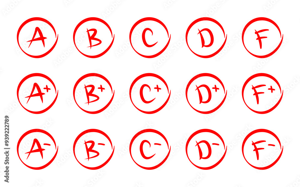 Grade result icon set. Exam results vector illustration. School grades hand-drawn mark icon collection. Education mark symbols from A to F in red hand-drawn circles. Student evaluation sign Grade result icon set. Exam results vector illustration. School grades hand-drawn mark icon collection. Education mark symbols from A to F in red hand-drawn circles. Student evaluation sign