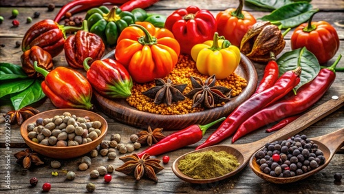 Vibrant arrangement of exotic Jamaican spices, including allspice, thyme, and scotch bonnet peppers, artfully displayed on a rustic wooden table, evoking Caribbean flavors and aromas. photo