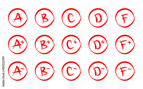 Grade result icon set. Exam results vector illustration. School grades hand-drawn mark icon collection. Education mark symbols from A to F in red hand-drawn circles. Student evaluation sign