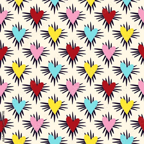 Valentines Day pattern with ugly funky hearts. Groovy cute love characters. Vector illustration in doodle style