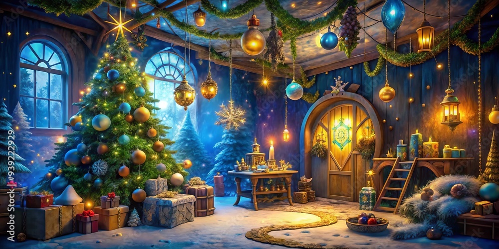 Obraz premium Santa's Workshop Wonder: Whimsical, Playful, Enchanted, Blue and Gold, Magical
