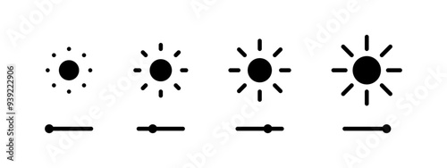 Screen brightness slider icon set. Display brightness control buttons collection with apple style design. Sun light level indicator. Contrast and saturation monitor settings pictogram.