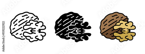 Walnut icon. Walnut seed vector illustration. Raw nutshell with kernel symbol. Brown nut fruit snack sign. Healthy nourishment pictogram. Rich source of protein concept. Organic food icon.
