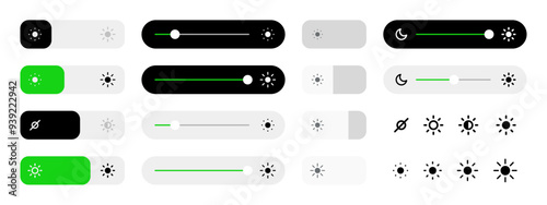 Brightness level icon set. Screen brightness settings interface element collection flat style design. Display bright indicator. Light control button, slider, adjustment on white background.