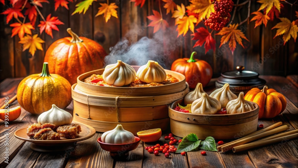 Vibrant autumnal still life with steaming dumplings, crispy Peking duck, and ornate decorations blending Eastern flair with traditional Thanksgiving elements on a rustic wooden table. Vibrant autumnal still life with steaming dumplings, crispy Peking duck, and ornate decorations blending Eastern flair with traditional Thanksgiving elements on a rustic wooden table.