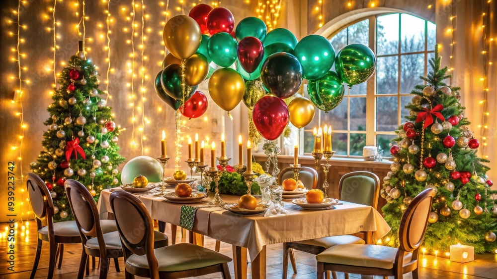 Vibrant balloons, glittering tinsel, and twinkling lights adorn a festive holiday party scene with a beautifully set table and chairs surrounded by joyful decorations. Vibrant balloons, glittering tinsel, and twinkling lights adorn a festive holiday party scene with a beautifully set table and chairs surrounded by joyful decorations.