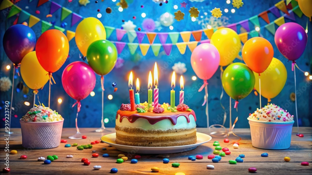 Vibrant balloons and confetti surround a deliciously decorated cake with lit candles, filling the air with joy and celebration on a special birthday morning. Vibrant balloons and confetti surround a deliciously decorated cake with lit candles, filling the air with joy and celebration on a special birthday morning.