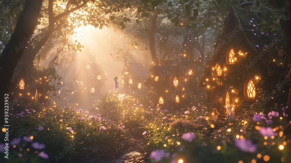 A magical forest scene with glowing houses and vibrant flowers illuminated by sunlight. A magical forest scene with glowing houses and vibrant flowers illuminated by sunlight.