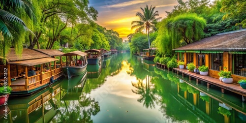 Serene Canalside Retreat: Floating market surrounded by lush greenery, calm waters, serene atmosphere, emerald hues, tranquil mood photo