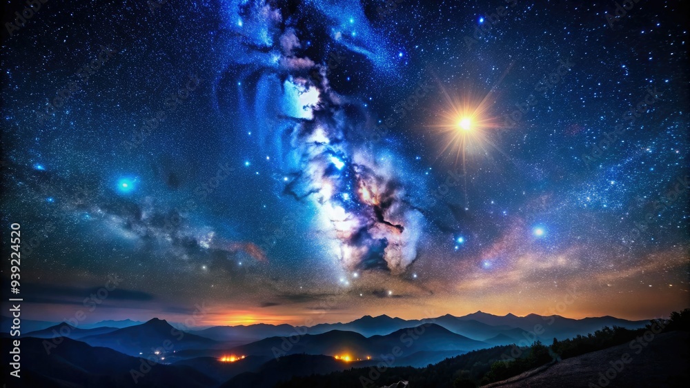 Vibrant blue flare illuminates a dark night sky, streaking across the stars, creating a dramatic and ethereal landscape with a sense of cosmic wonder. Vibrant blue flare illuminates a dark night sky, streaking across the stars, creating a dramatic and ethereal landscape with a sense of cosmic wonder.