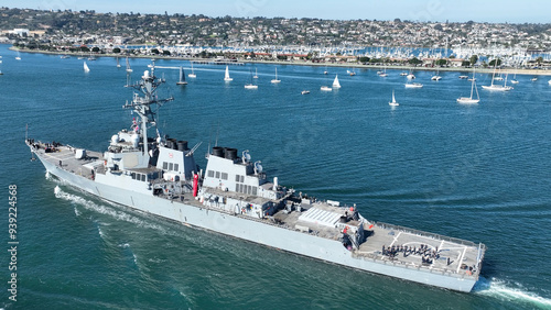 Navy Ship At San Diego In California United States. Famous Coast City. Harbor Island. Navy Ship At San Diego In California United States. 