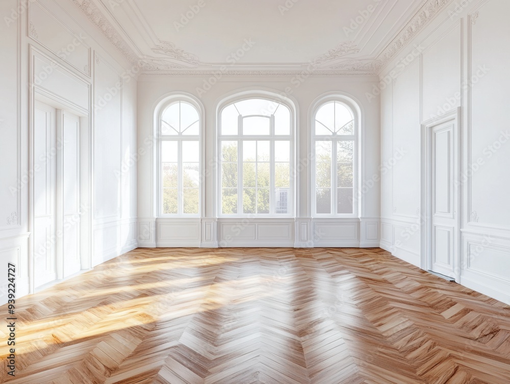 Obraz premium A large, empty room with white walls and wooden floors