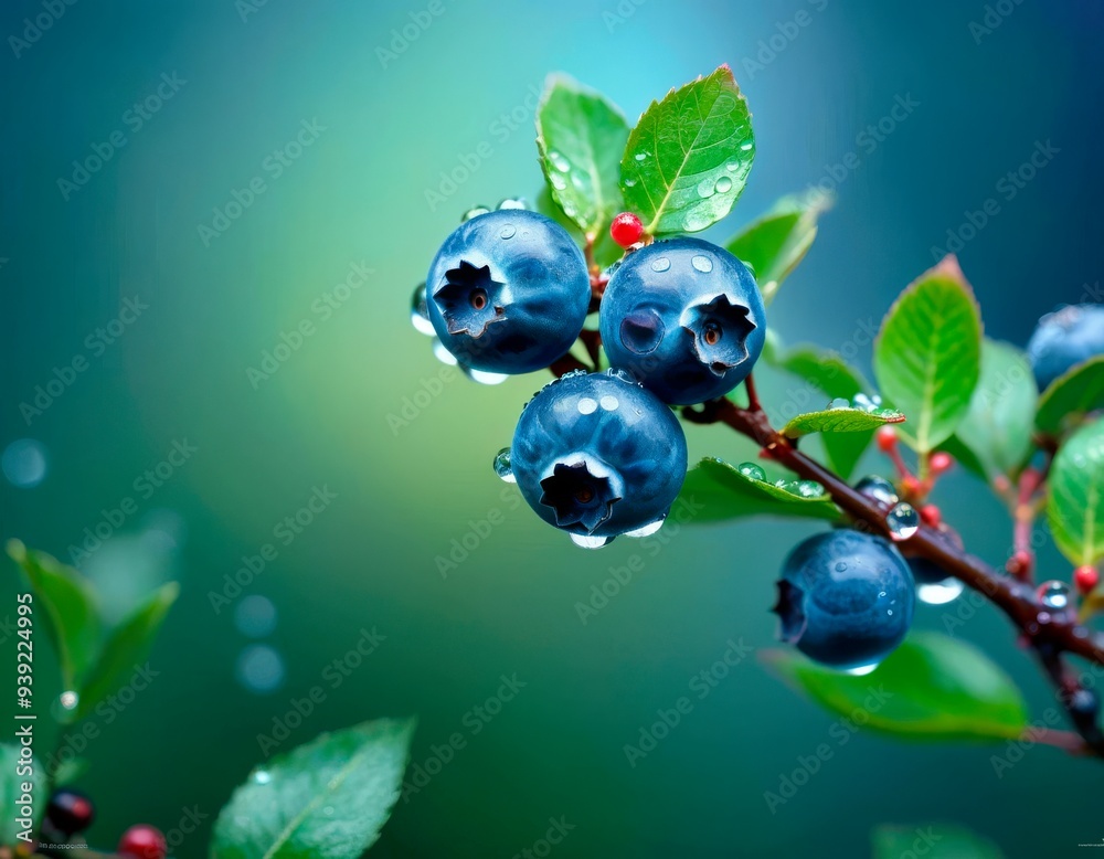 Close-up of ripe blueberries with dew drops on a branch, against a blurred green background. Concept of freshness, nature, and health Close-up of ripe blueberries with dew drops on a branch, against a blurred green background. Concept of freshness, nature, and health