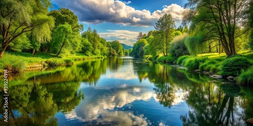 Serene River Rhythms: Flowing water, lush greenery, peaceful surroundings, reflective surfaces, tranquil atmosphere