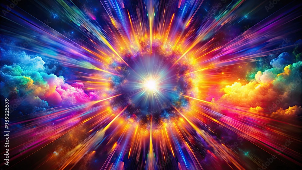 Vibrant circular burst of light erupts in a kaleidoscope of colors, radiating outward with intense energy, surrounded by dark mist and subtle glow.