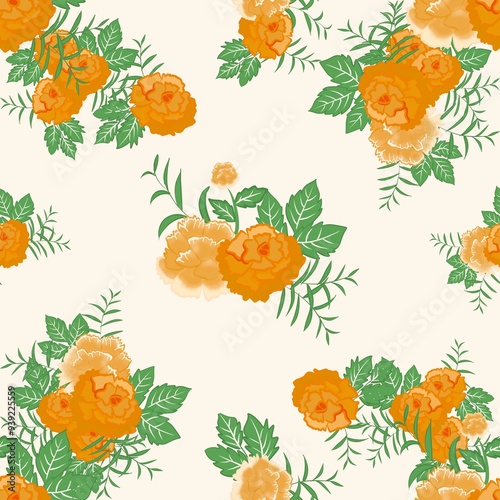 Fototapeta Naklejka Na Ścianę i Meble -  Roses textile indian flower pattern in Orange ,Digital indian motif seamless classical textured handmade Floral pattern bouquet pattern block print batik luxury flowers style detailed watercolors pain