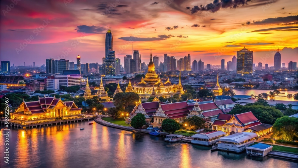 Vibrant cityscape at dusk, featuring ornate Buddhist temples, bustling street markets, and sleek skyscrapers along the Chao Phraya River in Bangkok, Thailand. Vibrant cityscape at dusk, featuring ornate Buddhist temples, bustling street markets, and sleek skyscrapers along the Chao Phraya River in Bangkok, Thailand.