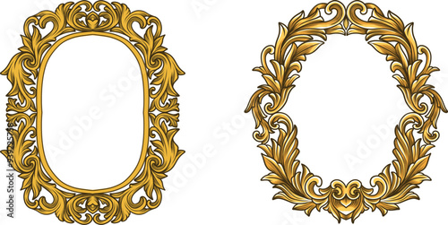 Set gold vintage baroque frames. Classic border engraving ornament. Swirl, flourish, victorian, damask, arabesque, filigree floral. Luxury gold element border frame collection vector illustration