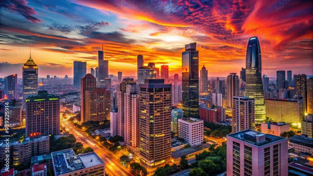 Fototapeta premium Vibrant cityscape at dusk, with sleek skyscrapers, neon lights, and bustling streets, set against a warm orange and pink hued urban evening sky.