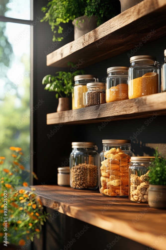 Stylish kitchen shelf with jars of spices, grains, and fresh herbs, creating a warm and inviting cooking space.