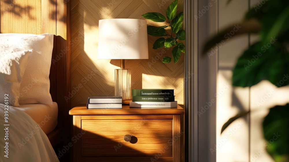 Fototapeta premium A cozy bedside scene featuring a lamp, books, and greenery, perfect for enhancing home decor and relaxation.