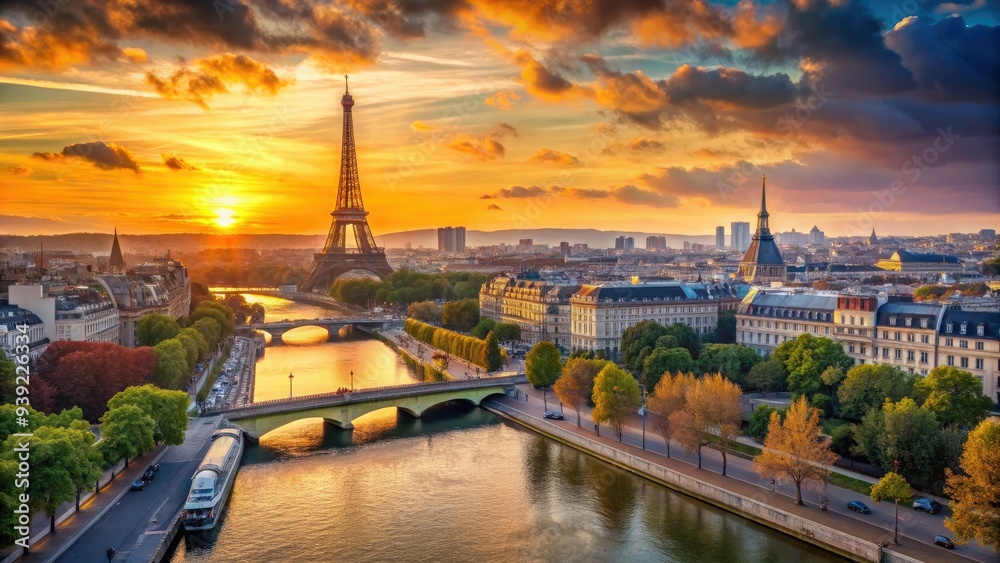 Naklejka premium Vibrant cityscape of Paris at sunset, showcasing the iconic Eiffel Tower, Seine River, and historic buildings, with a warm orange glow illuminating the scene.