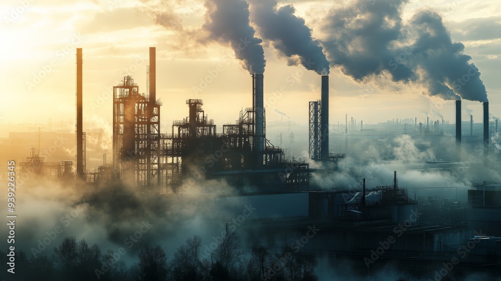 Industrial factory emitting smoke contributing to air pollution and environmental impact at sunrise. Industrial factory emitting smoke contributing to air pollution and environmental impact at sunrise.