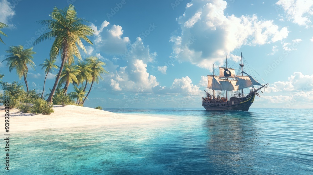 Obraz premium A pirate ship next to an island