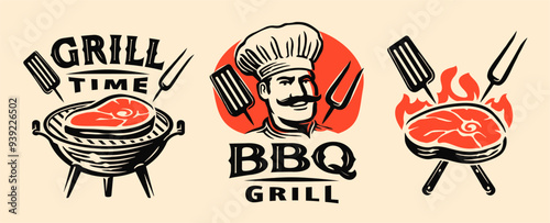 Grill bbq logo. Grilled food and barbecue restaurant emblem, badge set. Vector illustration