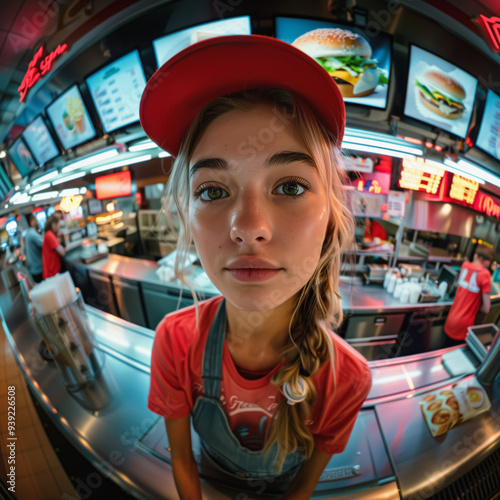 Young girl working at a fast food restaurant - fish eye view