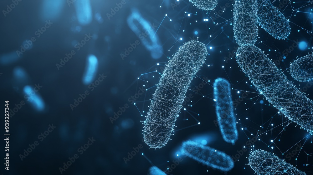 Microbiology low poly wireframe banner vector template. Futuristic science, biological research poster polygonal design with bacteria illustration. Microscopic germs 3d mesh art with connected dots. Microbiology low poly wireframe banner vector template. Futuristic science, biological research poster polygonal design with bacteria illustration. Microscopic germs 3d mesh art with connected dots.