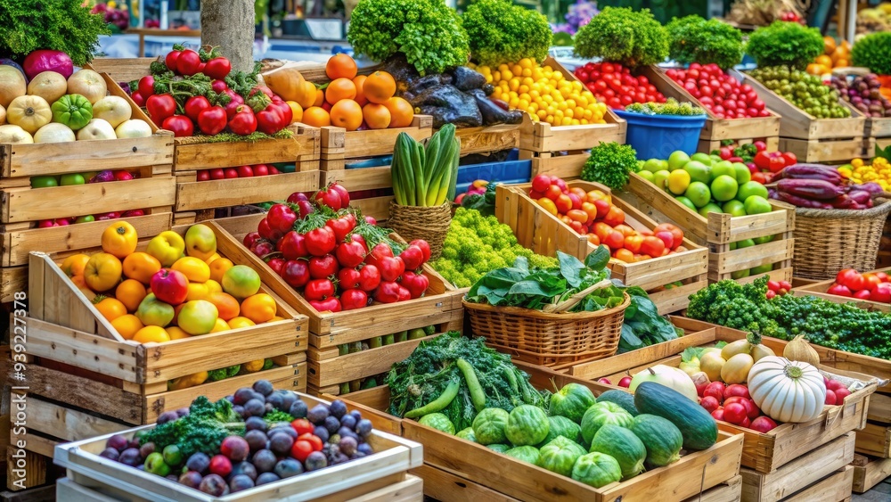 Fototapeta premium Vibrant colorful array of fresh seasonal fruits and vegetables artfully arranged on wooden crates and baskets at a bustling outdoor farmers market.
